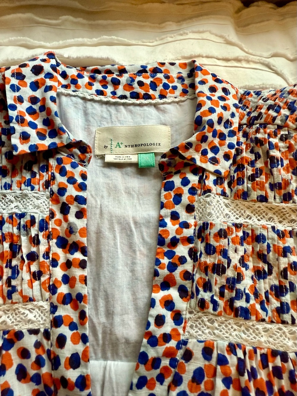 Anthropologie Short Sleeve Tiered Dot Print Dress - Blue & Orange - Picture 4 of 7